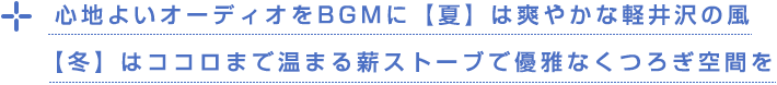 心地よいオーディオをBGMに【夏】は爽やかな軽井沢の風。【冬】はココロまで温まる薪ストーブで優雅なくつろぎ空間を